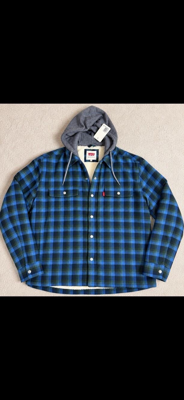 Levi's Men's XXL Blue/Black/Gray Plaid Flannel Hooded LS Button-Up Pockets